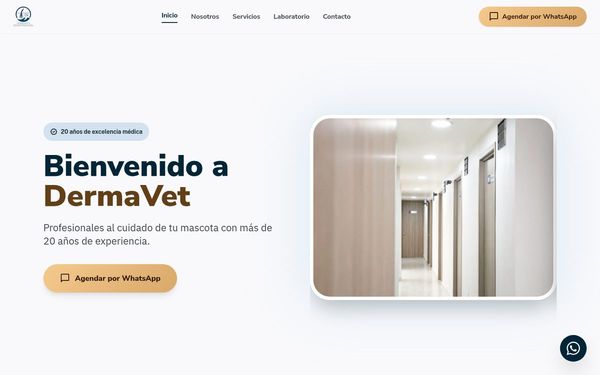 Inicio del nuevo sitio de DermaVet, con el botón Agendar por WhatsApp en el encabezado y en la portada