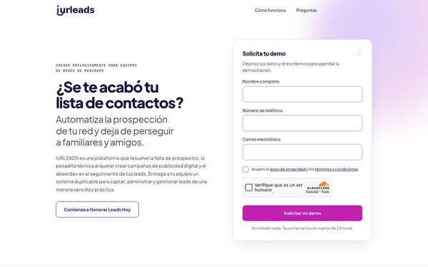 Portada de iurleads con el titular ¿Se te acabó tu lista de contactos? y el formulario Solicita tu demo